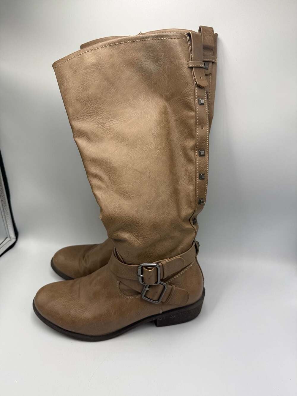 Pink & Pepper Knee High Riding Boots Size 7.5 Tan Studded Buckle
